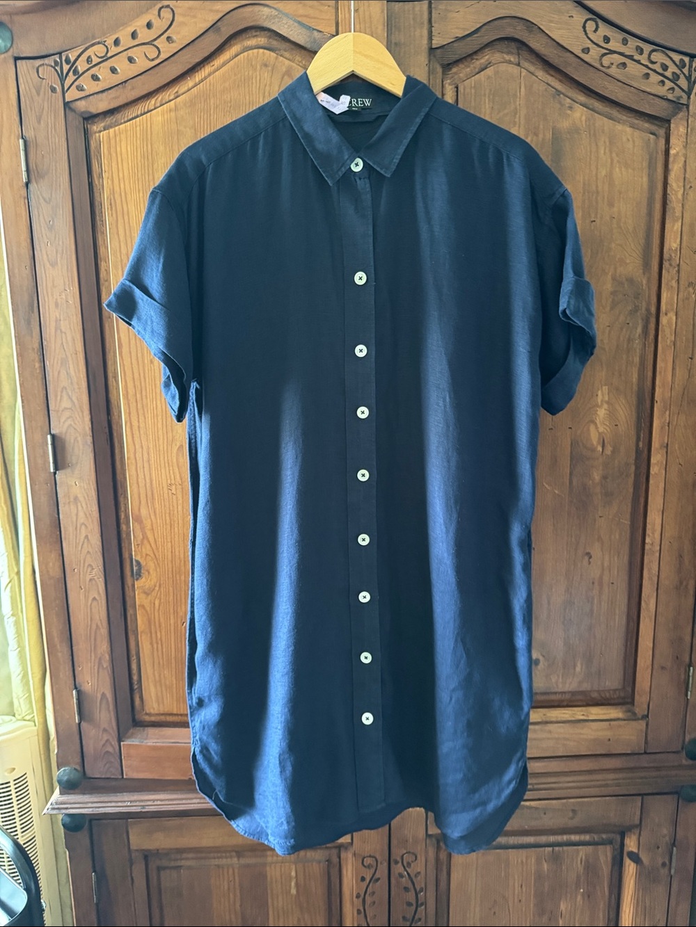EUC JCREW NAVY SHORT CUFF SLEEVE LINEN BUTTON-DOWN DRESS. SIZE M
